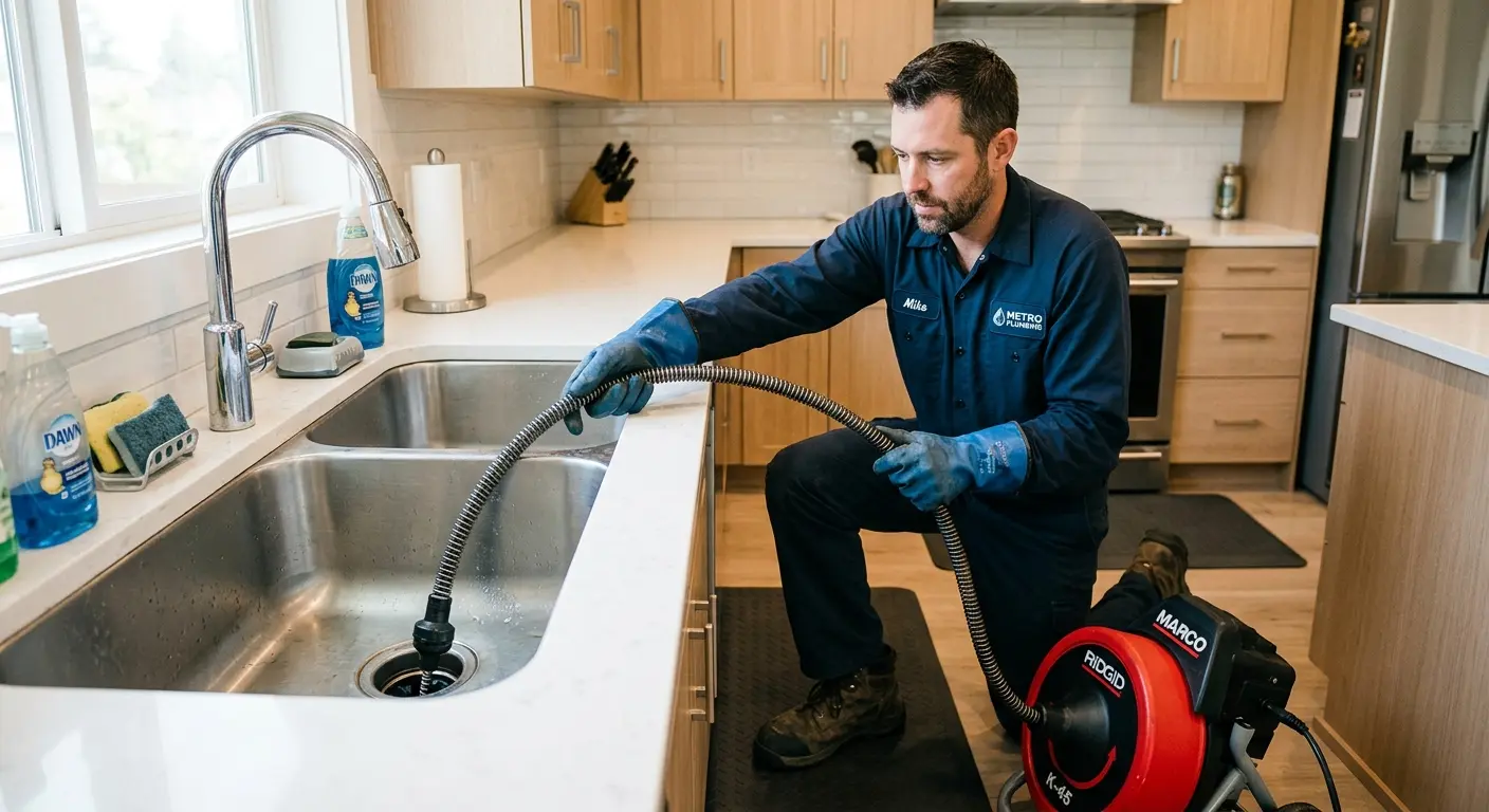 Drain cleaning technician using a motorized snake on a kitchen sink in Green