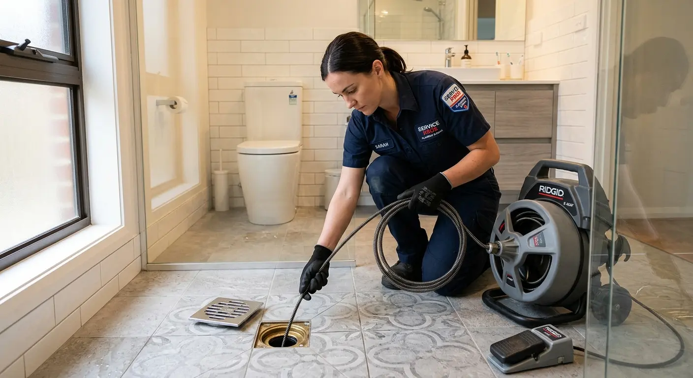 Technician clearing a bathroom floor drain for Hydro Jetting in Green